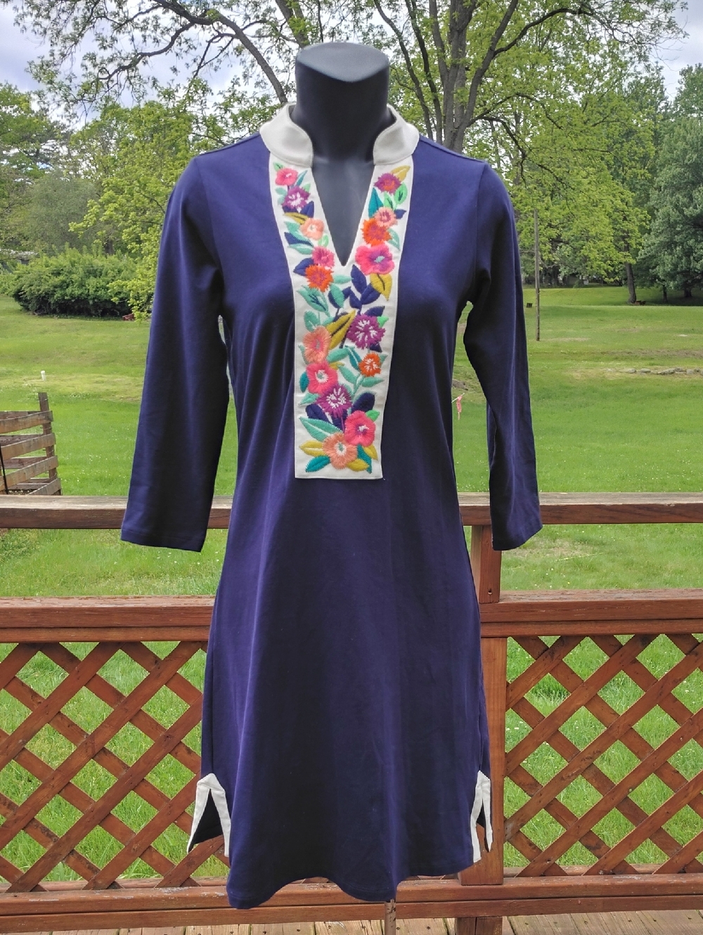 Spartina 449 Navy Blue V-Neck Tunic Shift Dress with Floral Embroidery Size XS
